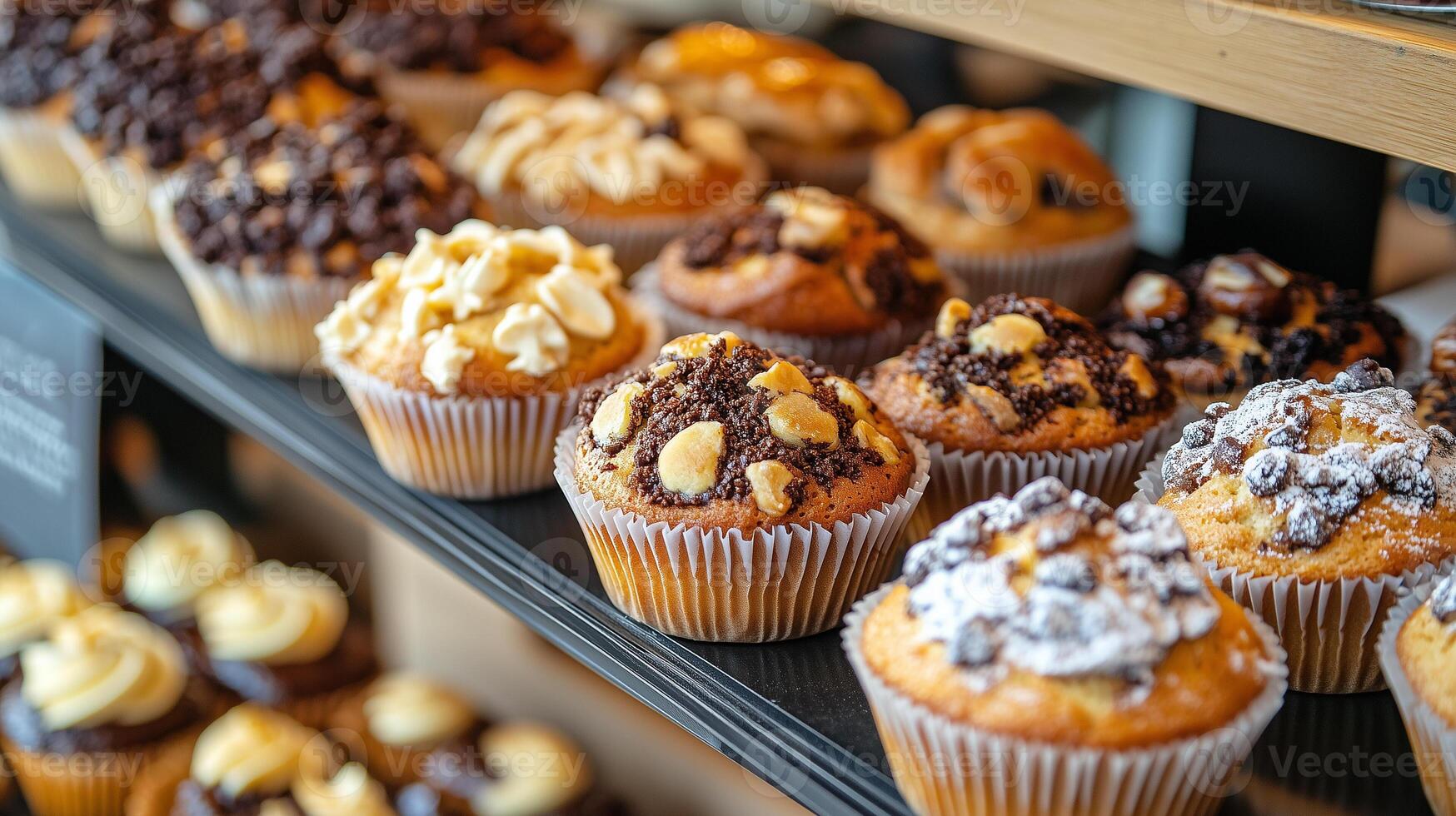 Muffins displayed on bakery shelf near baked goods, photorealistic food photo