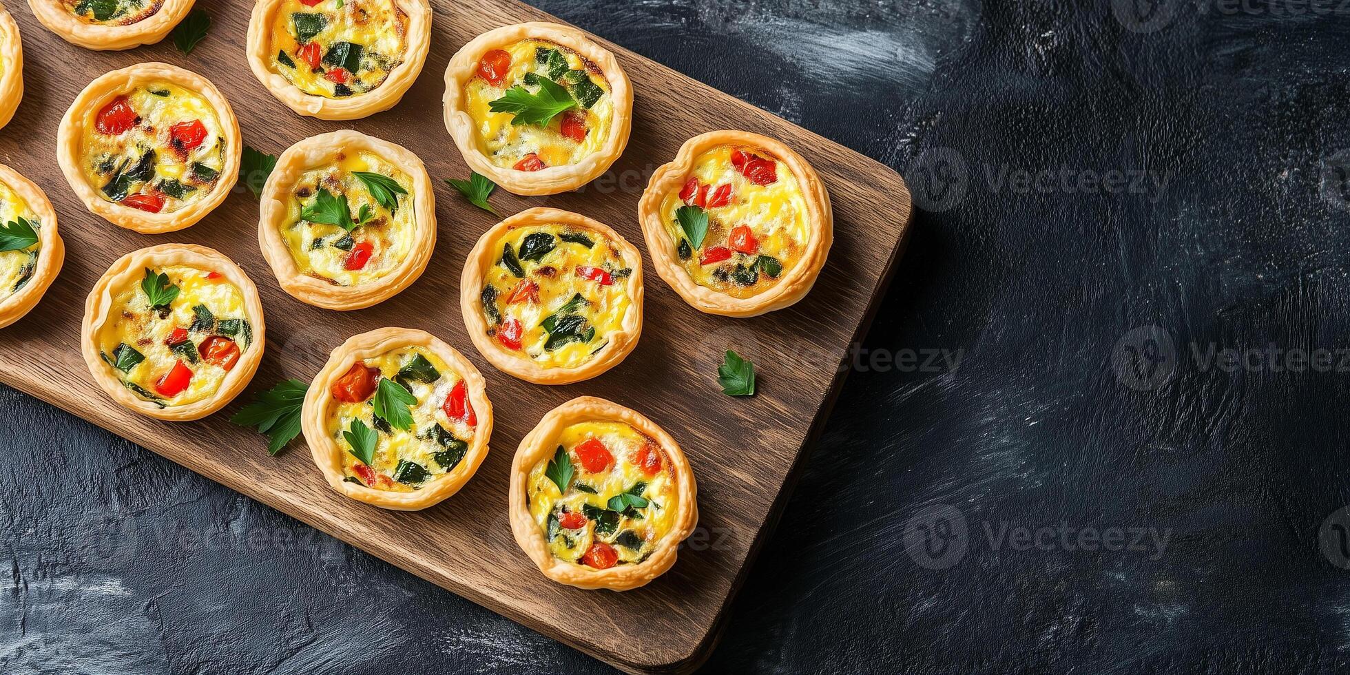 Mini quiches laid out evenly on a rectangular board, gastronomy photography photo