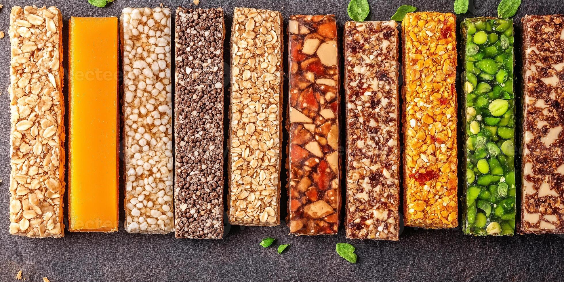 Several energy bars aligned, showing composition and texture, gastronomy photography photo