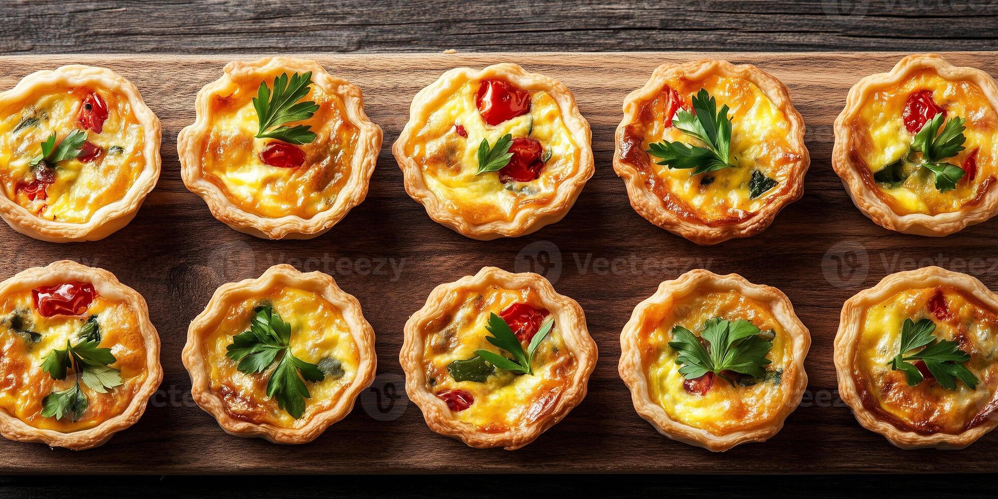 Mini quiches laid out evenly on a rectangular board, photorealistic food photo