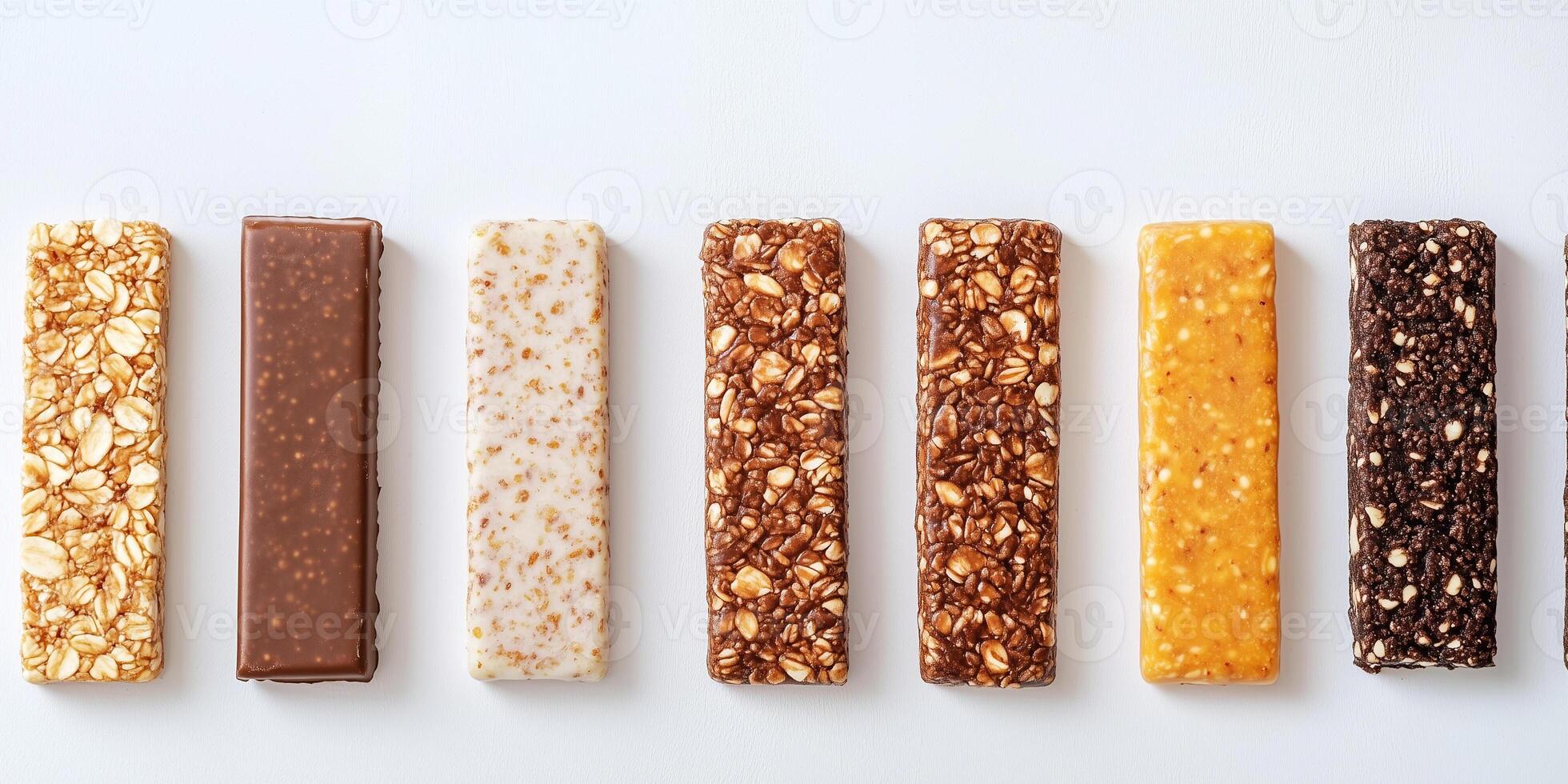 Protein bars in a row, showing consistency in size and shape, gastronomy photography photo