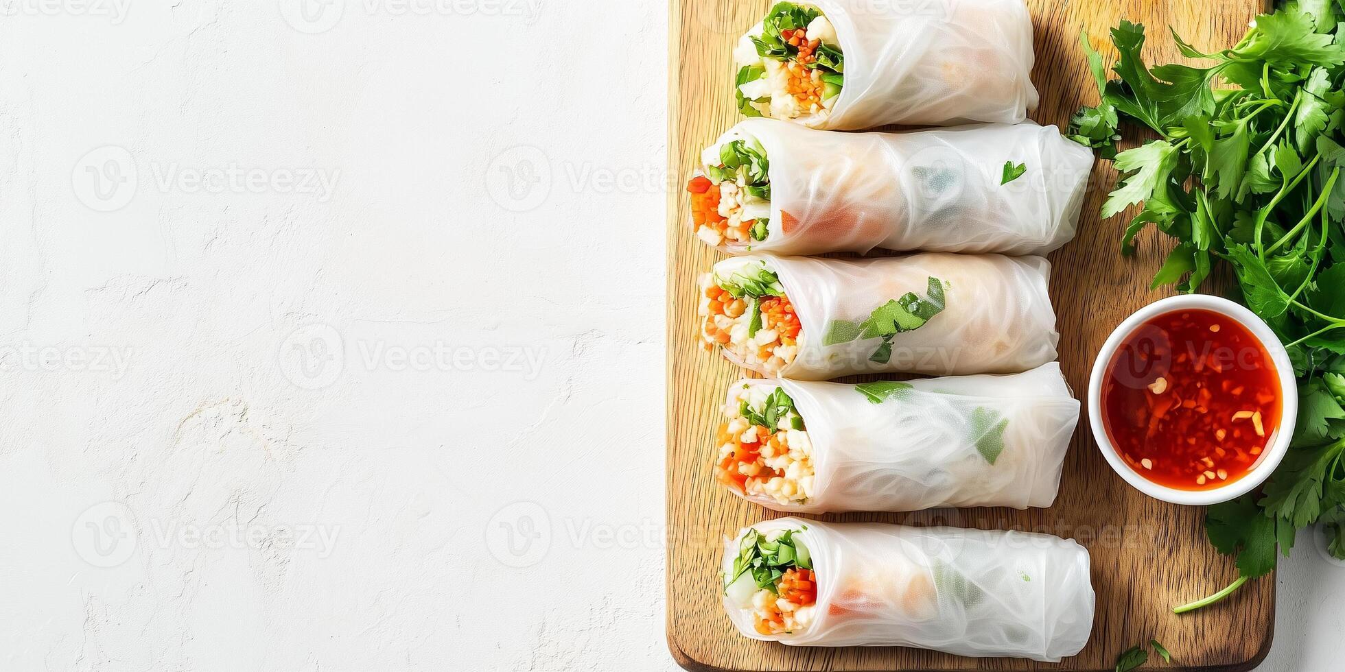 Spring rolls positioned in an orderly pattern on a flat serving board, photorealistic food photo