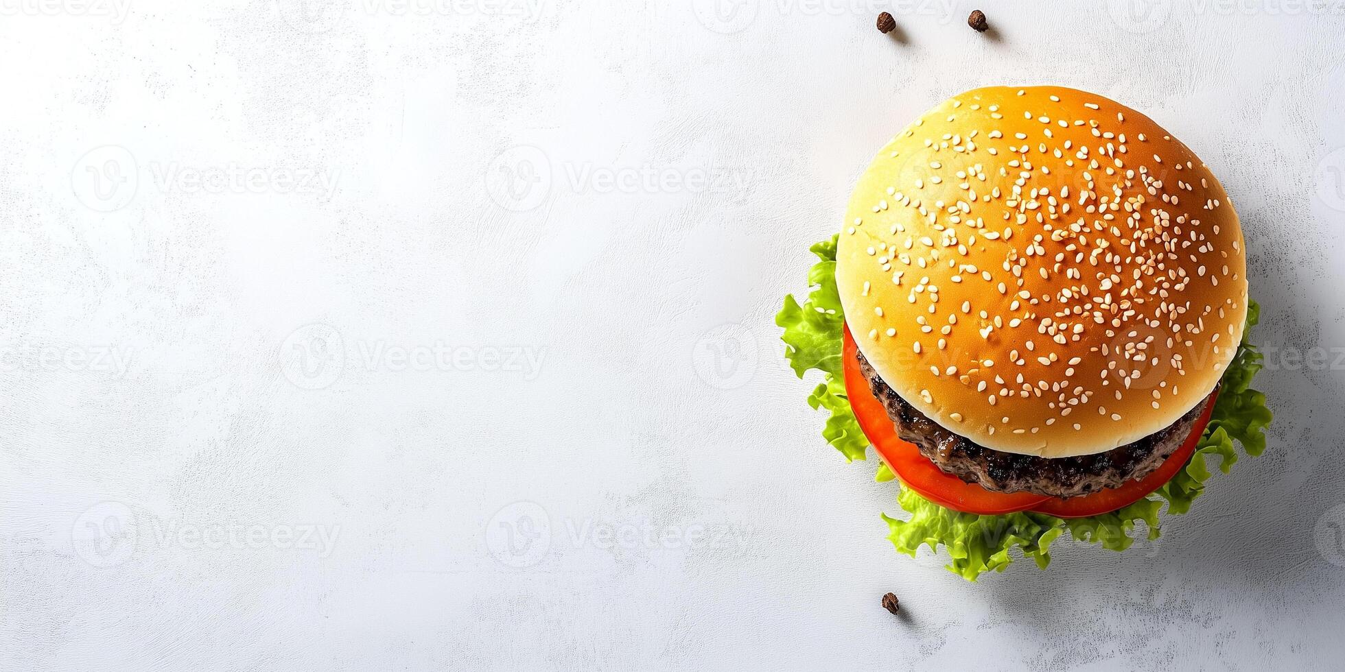 Small burger with patty and fillings, placed horizontally on a clean surface, photorealistic food photo