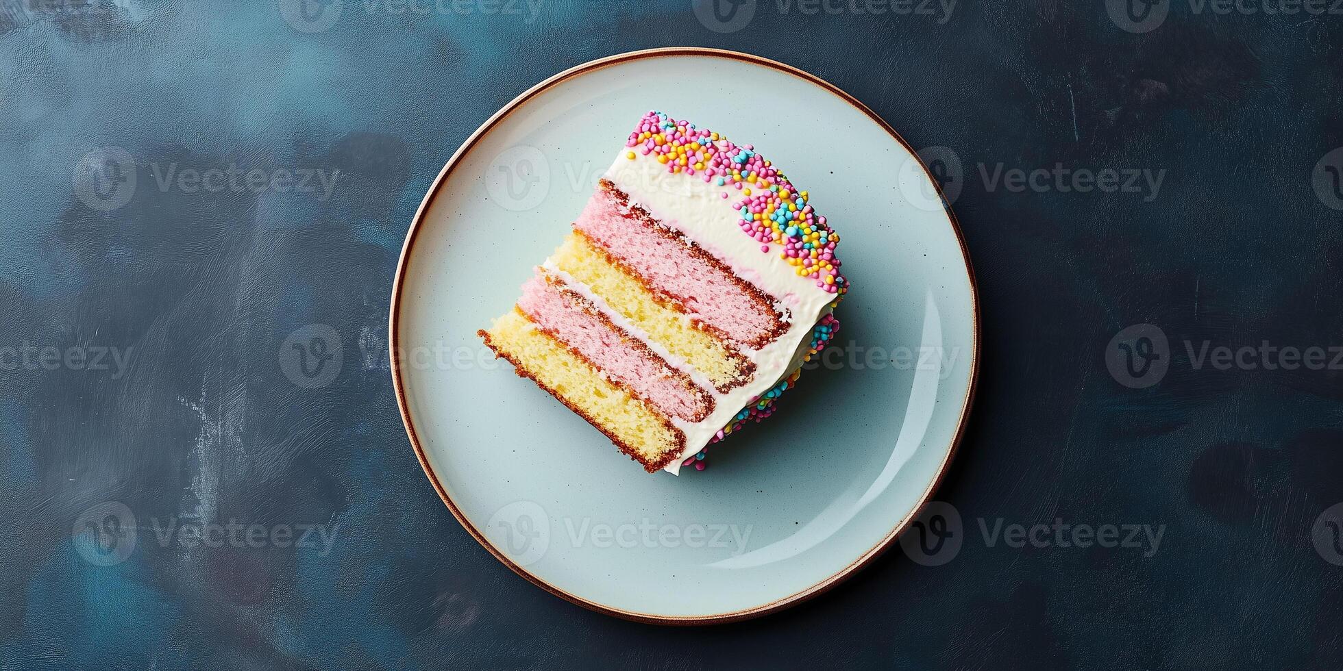 Multi-layer cake on a flat plate with minimal decoration, meal photography photo