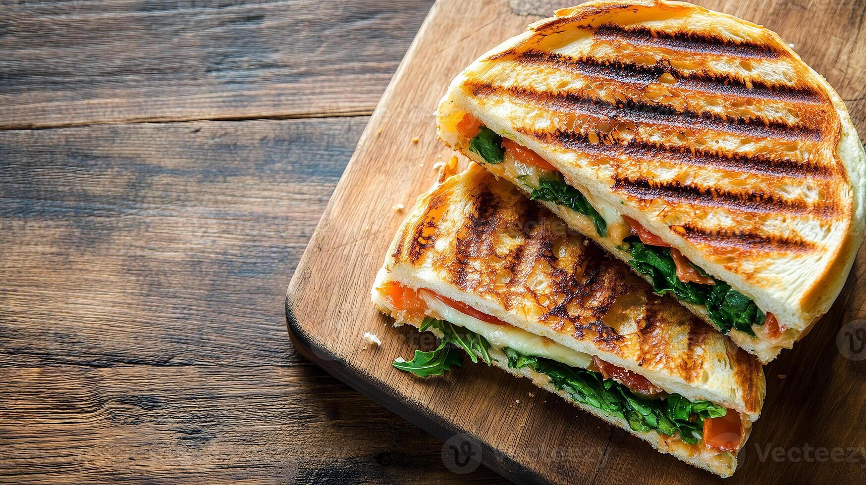 Close-up of a panini cut in half on a wooden cutting board, food setting photo