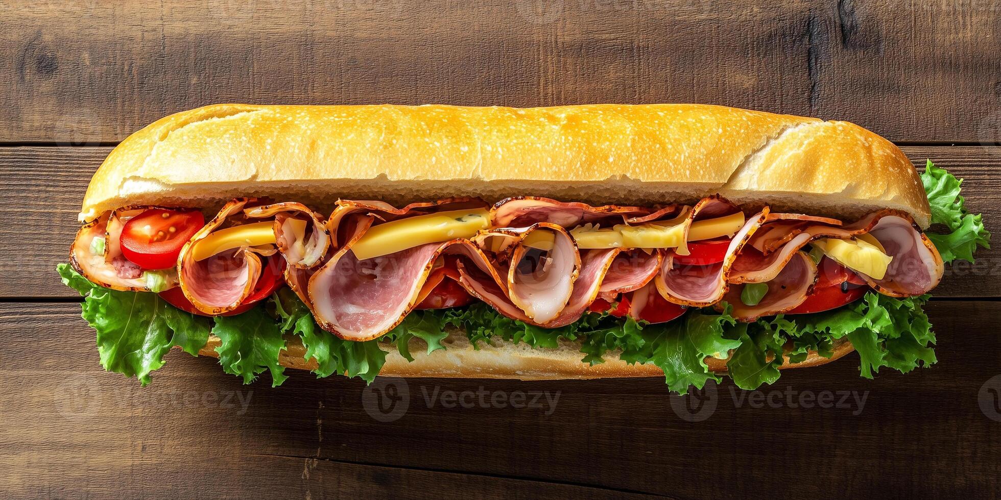 Close-up of sub sandwich, showing layers of meat, cheese, and vegetables, food setting photo