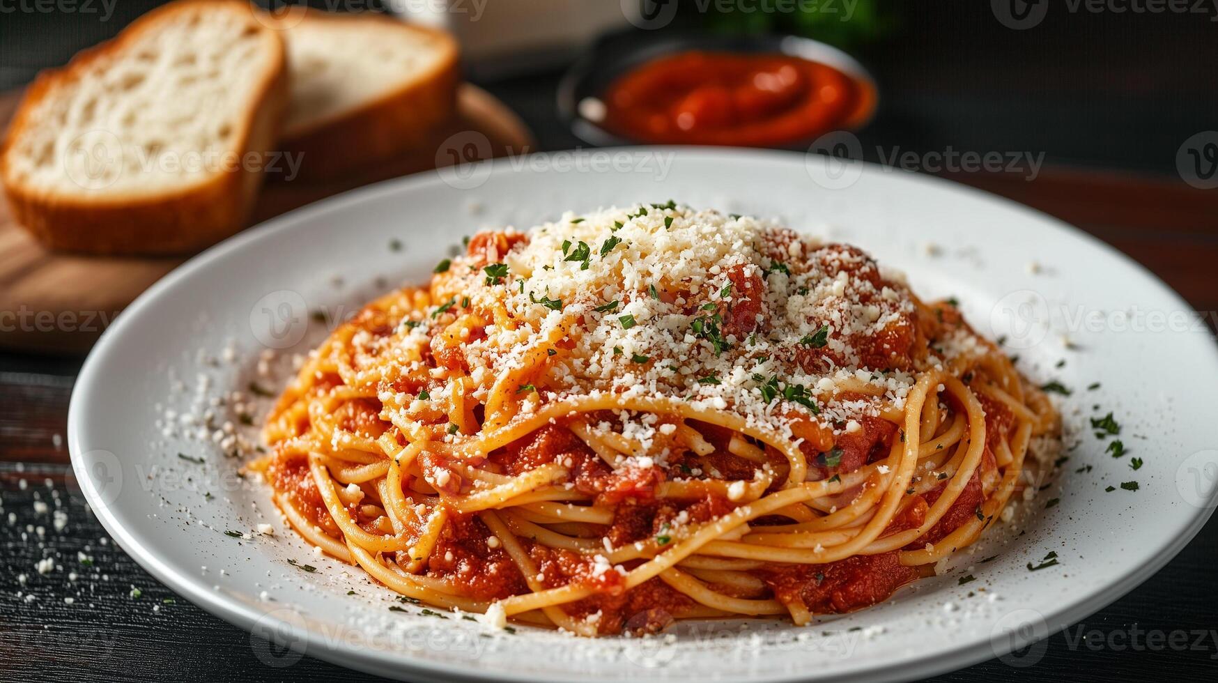Plate of cooked spaghetti with tomato sauce and grated cheese, served with bread, meal photography photo