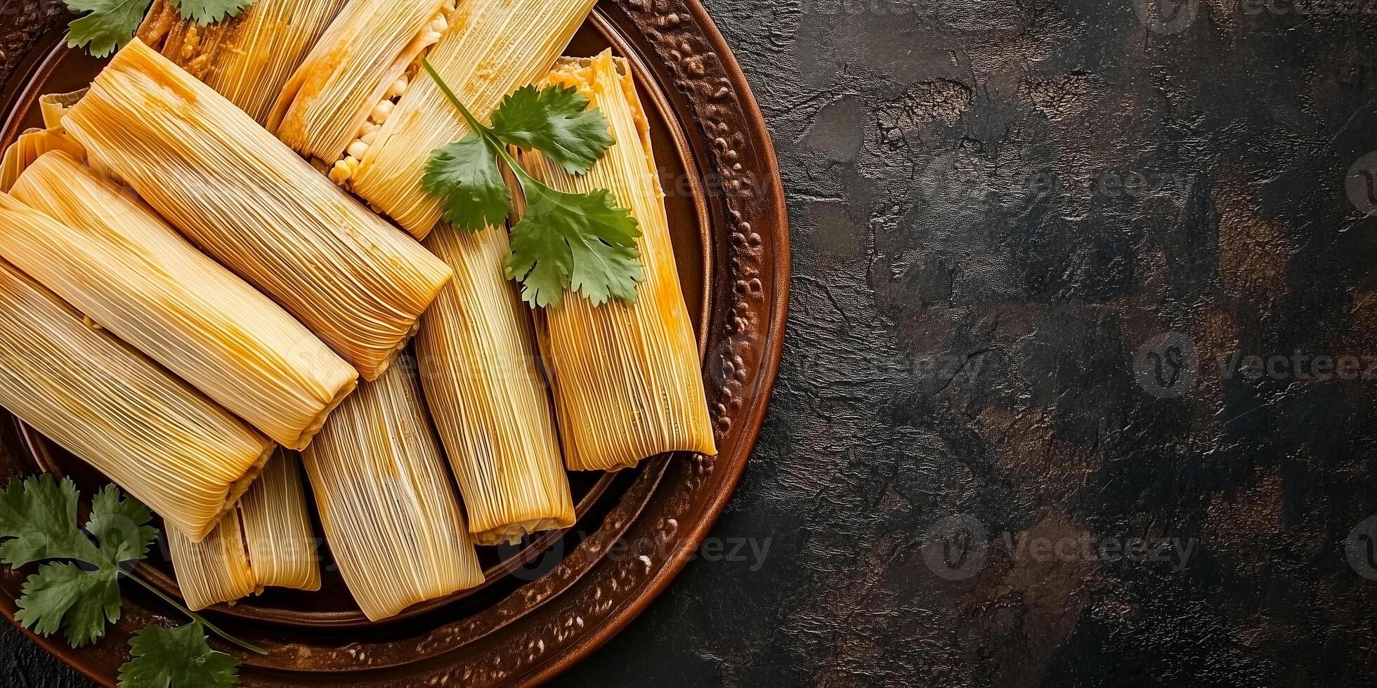 Plate of tamales with neatly wrapped corn husks, arranged side by side on a round dish, food setting photo