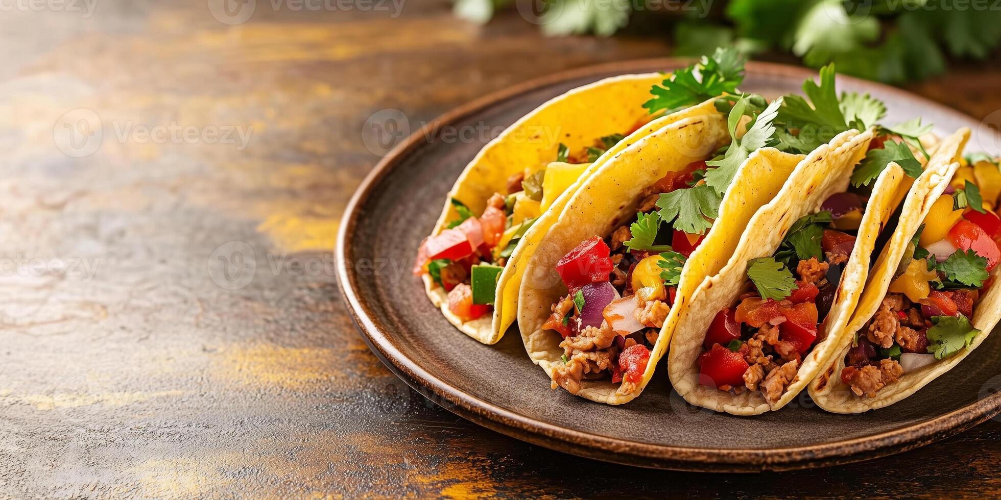 Portion of tacos with folded tortillas, showing the fillings inside, on a plain plate, food setting photo