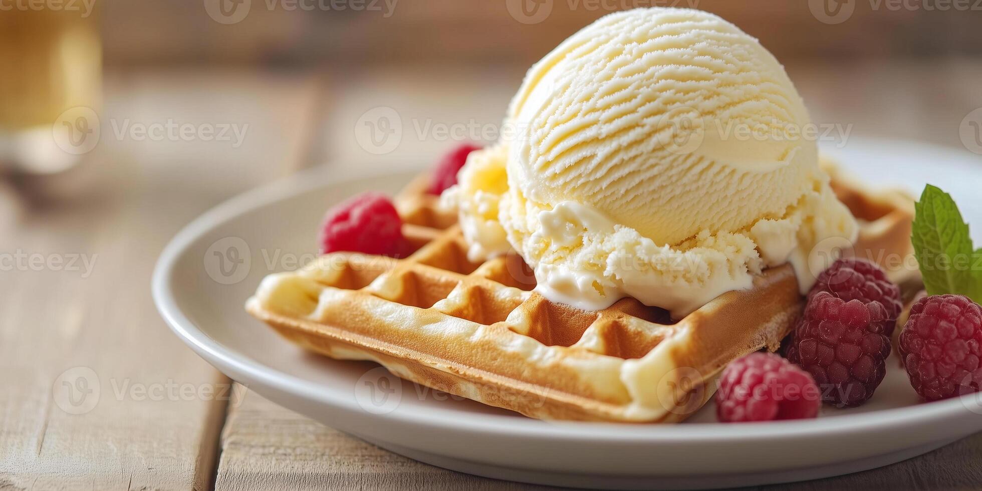 Scoop of ice cream placed on top of a waffle, displayed on a dessert plate, food setting photo