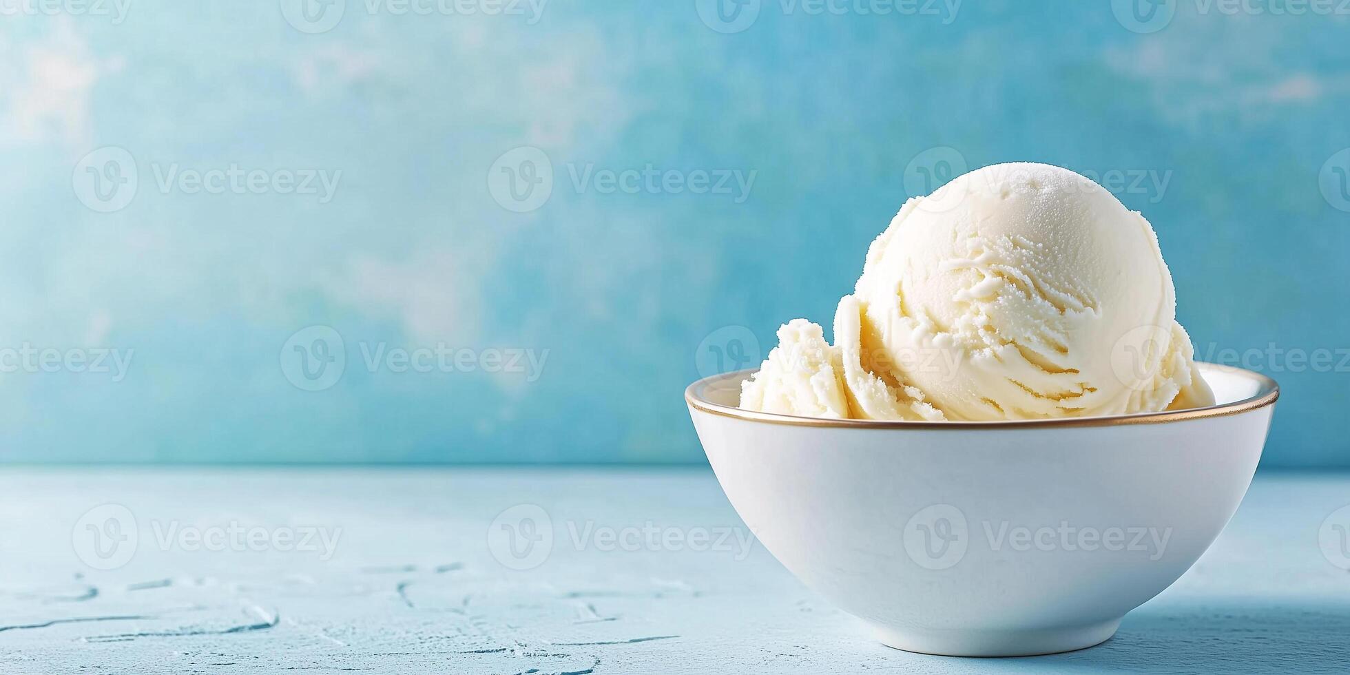 Vanilla ice cream in a bowl, slightly melting at the edges on a hot day, meal photography photo