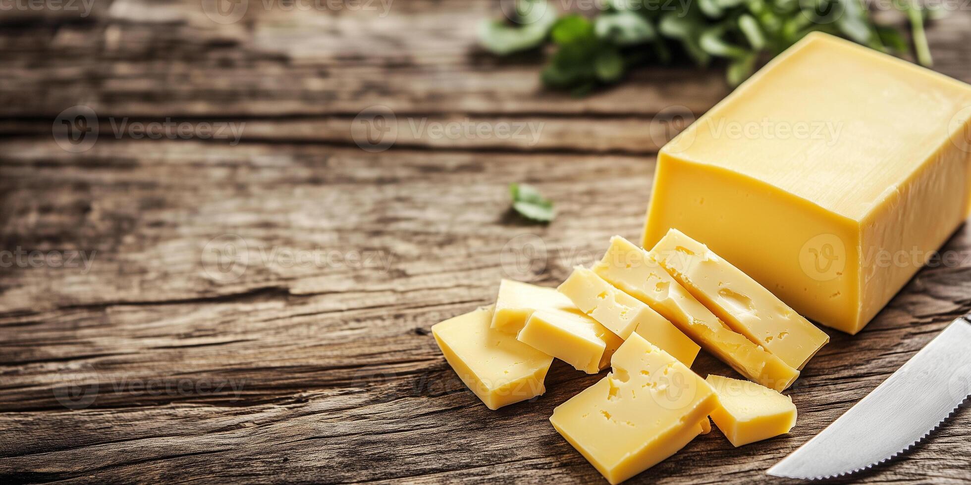 Sliced cheddar cheese block on a wooden surface with a knife nearby, meal photography photo