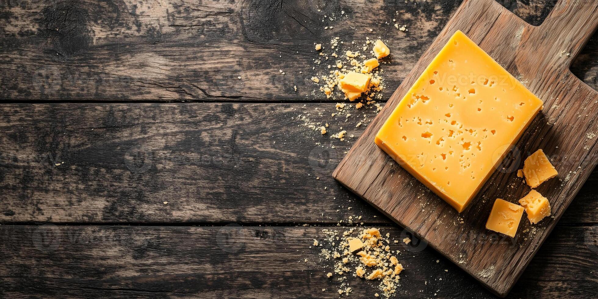 Top view of a cheddar cheese block on a wooden cutting board with crumbs, food setting photo
