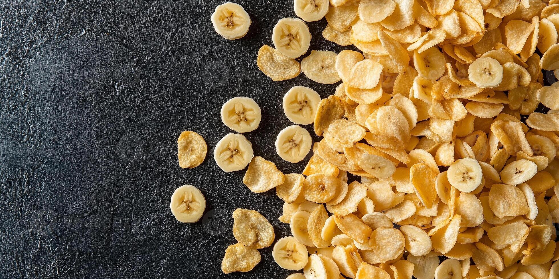 Top view of banana chips scattered on a flat surface, food setting photo