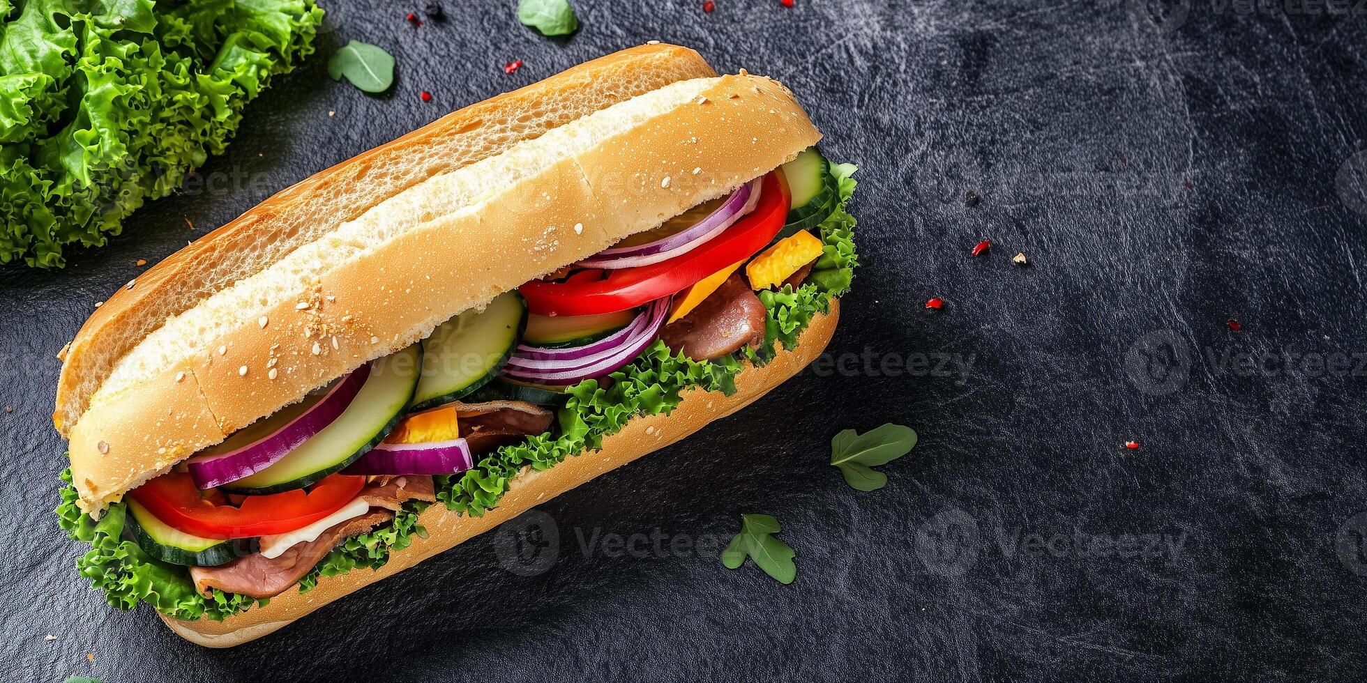 Veggie sub sandwich cut in half, showing colorful vegetables, food setting photo