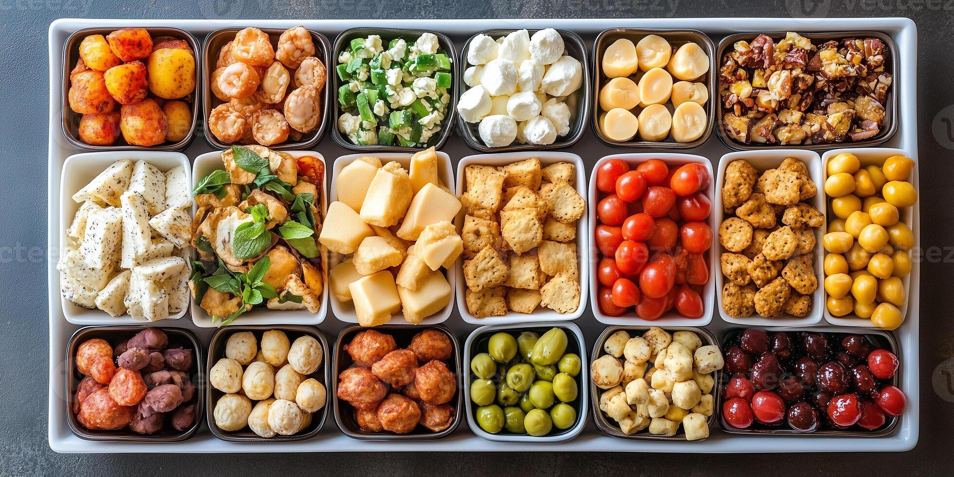 Array of small individual portions of snacks set on rectangular tray, meal photography photo