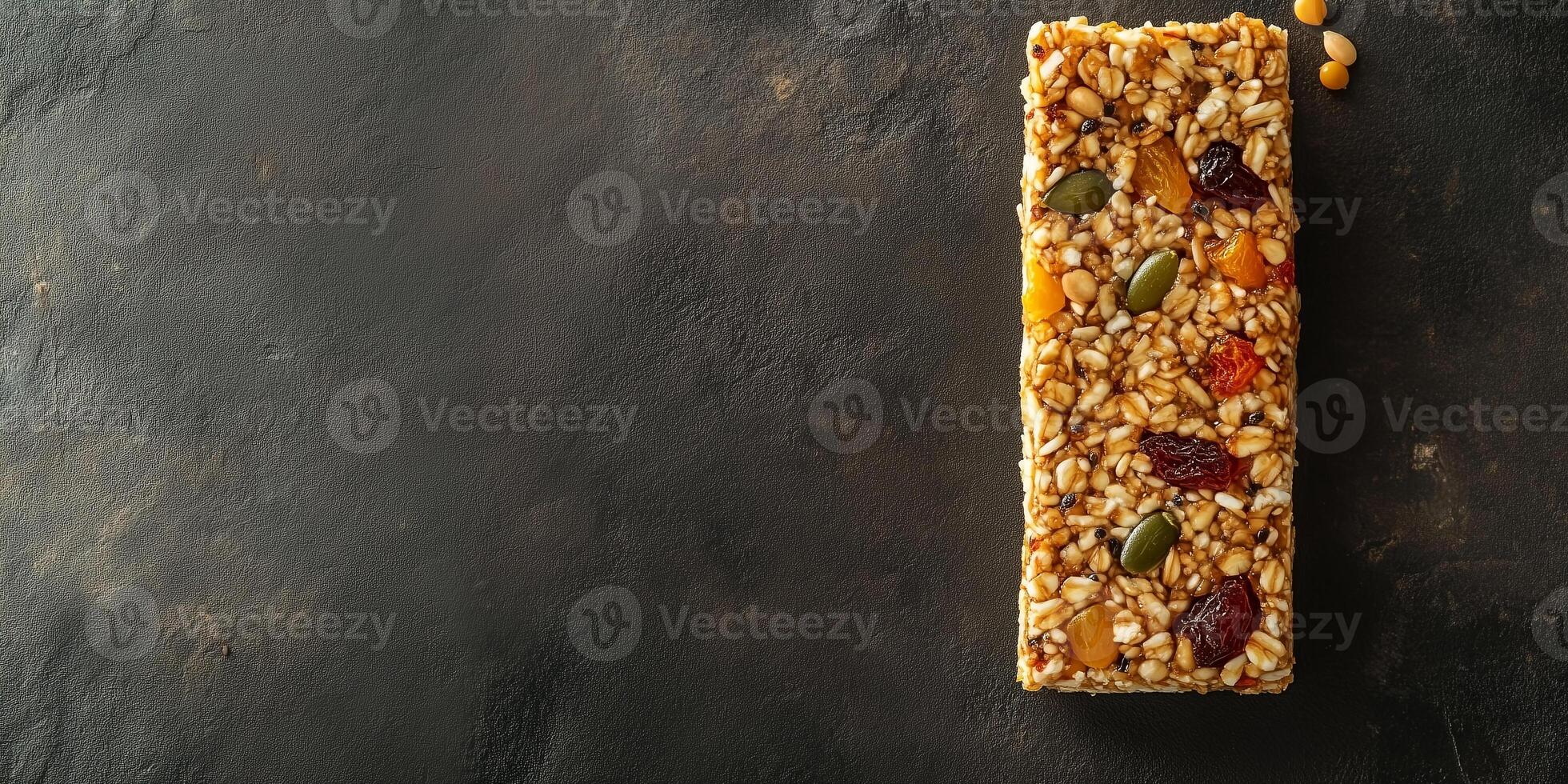 Energy bar with visible grains, seeds, and dried fruits on a flat surface, meal photography photo
