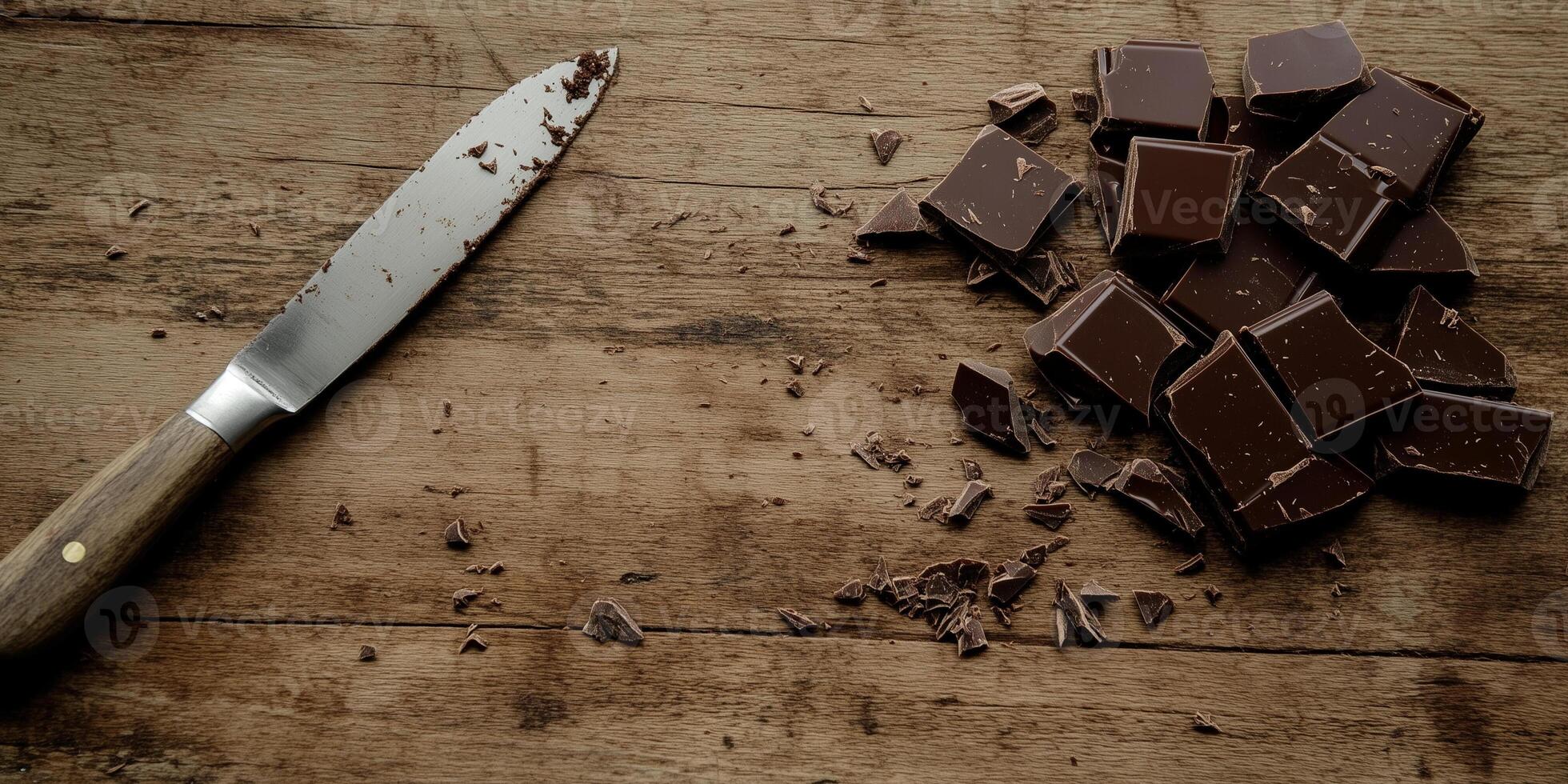Broken chocolate bars scattered on a serving platter with nuts, food setting photo