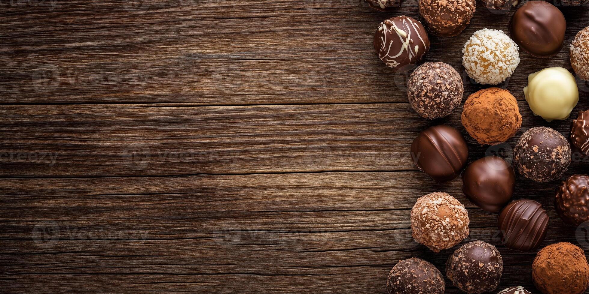 Chocolate truffles arranged in a semi-circle on a wooden surface, food setting photo