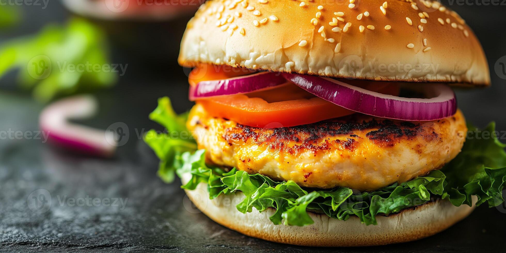 Close-up of a chicken burger with visible layers, resting on a simple background, food setting photo