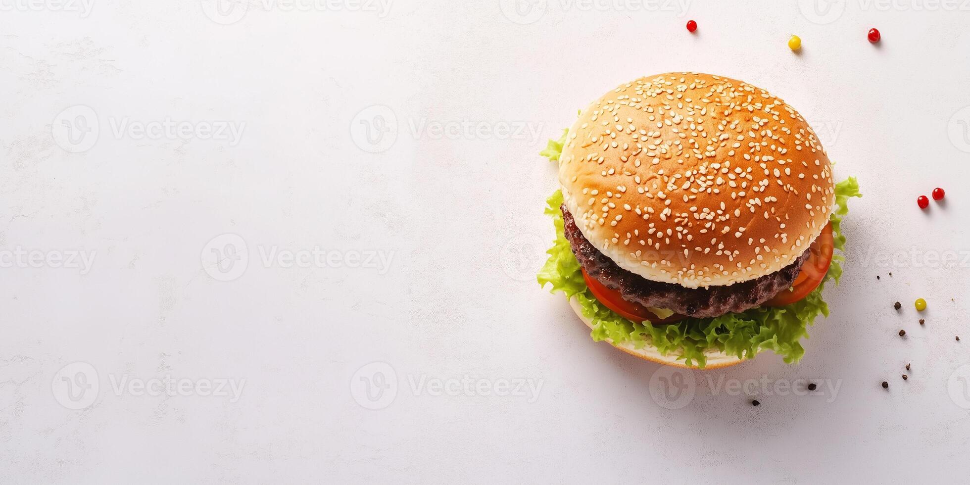 Close-up of a gourmet burger with multiple fillings, arranged horizontally, food setting photo