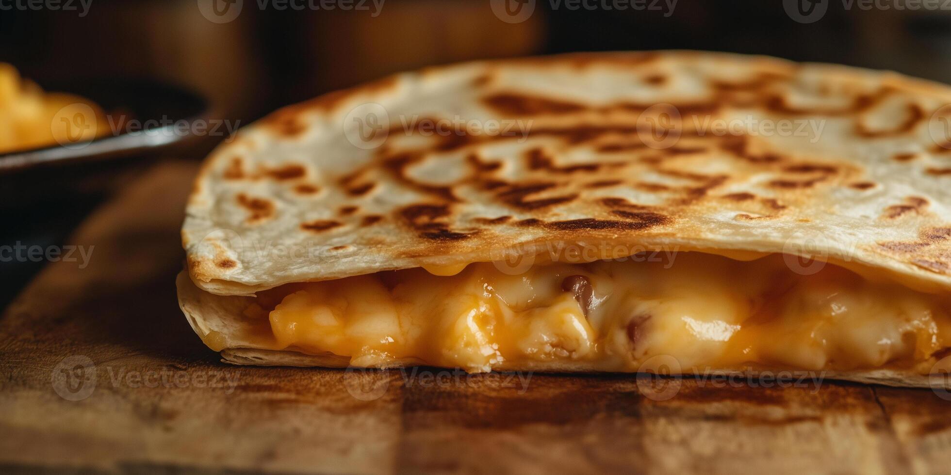 Close-up of a quesadilla slice, showing even distribution of melted cheese inside, meal photography photo