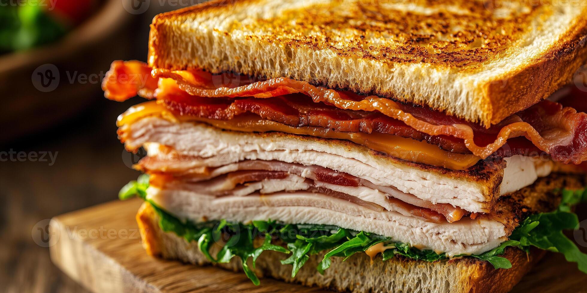 Close-up of turkey club sandwich showing layers of turkey, bacon, lettuce, tomato, meal photography photo