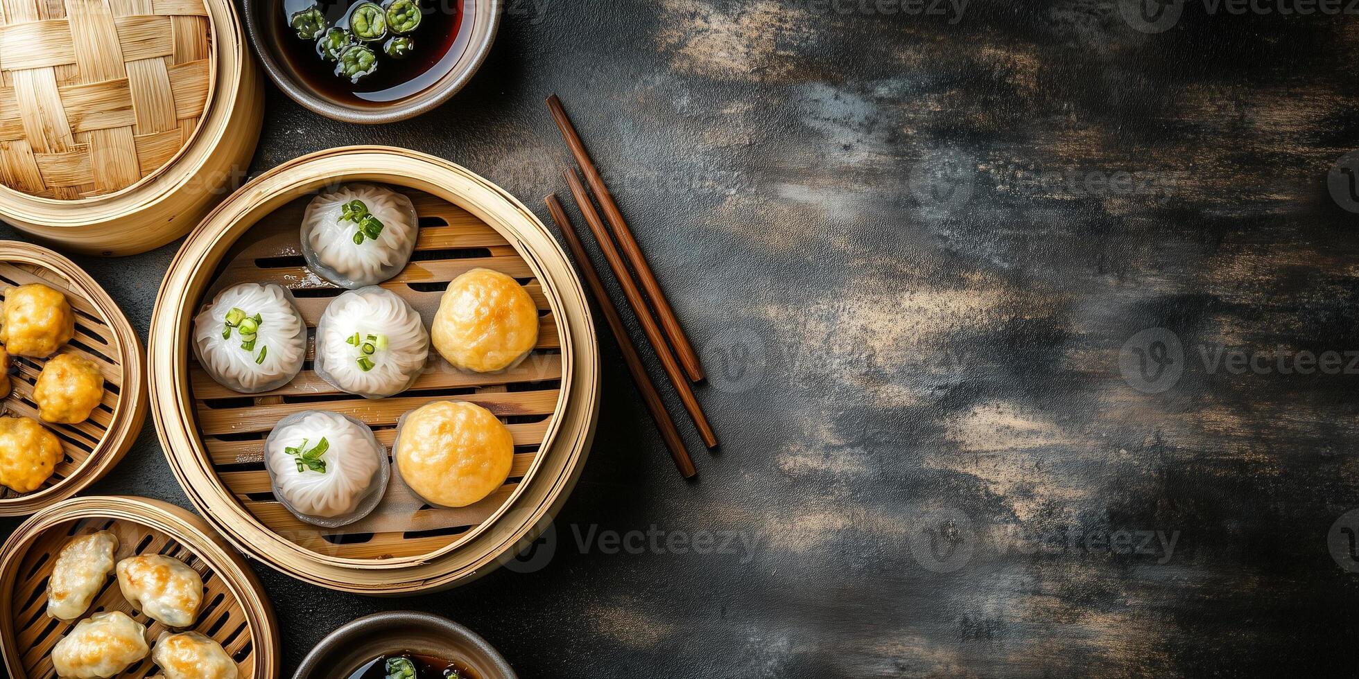 Dim sum served in bamboo steamers with assorted dumplings and buns, food setting photo