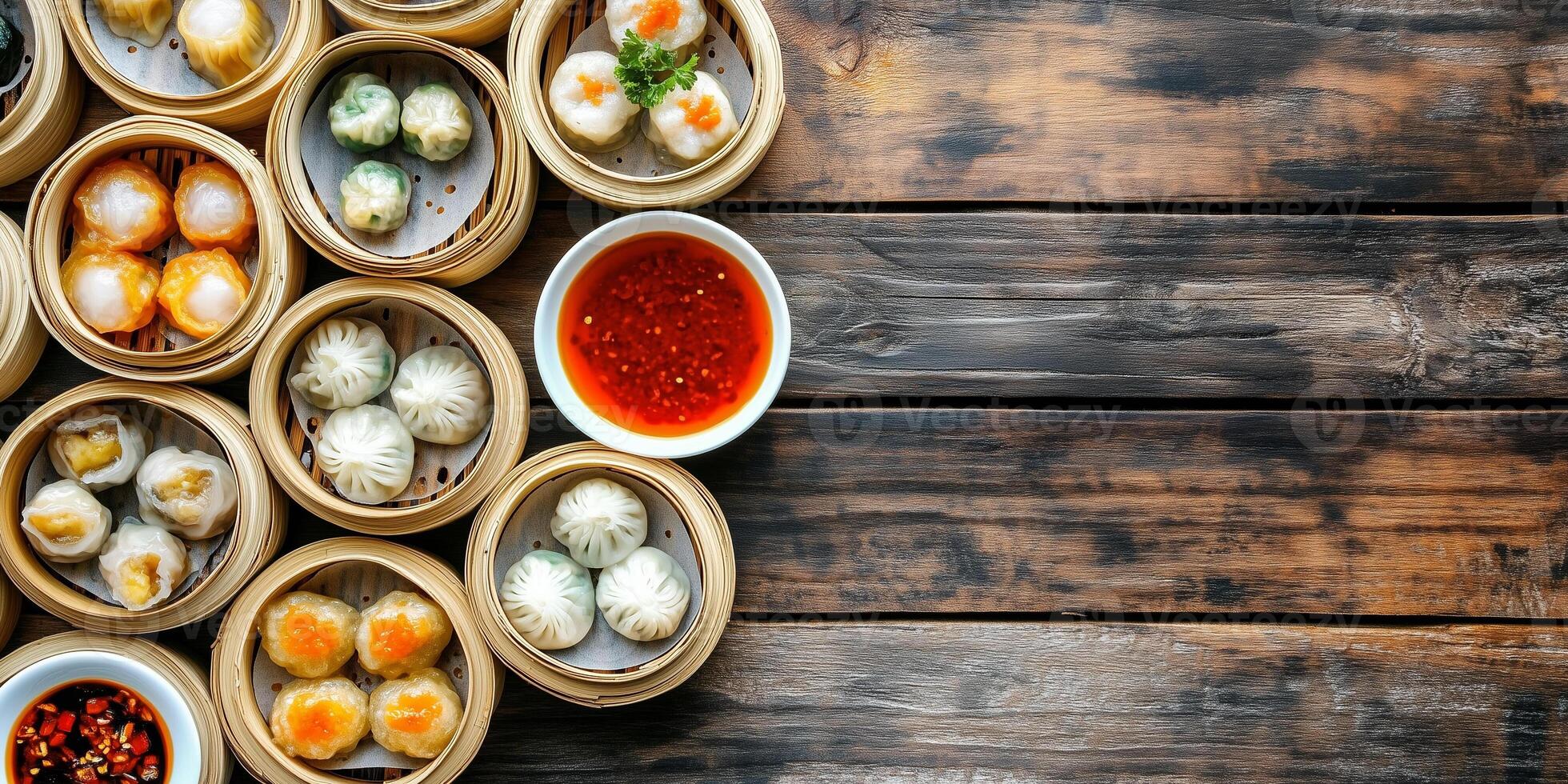Dim sum selection served in bamboo steamer baskets with dipping sauces, meal photography photo