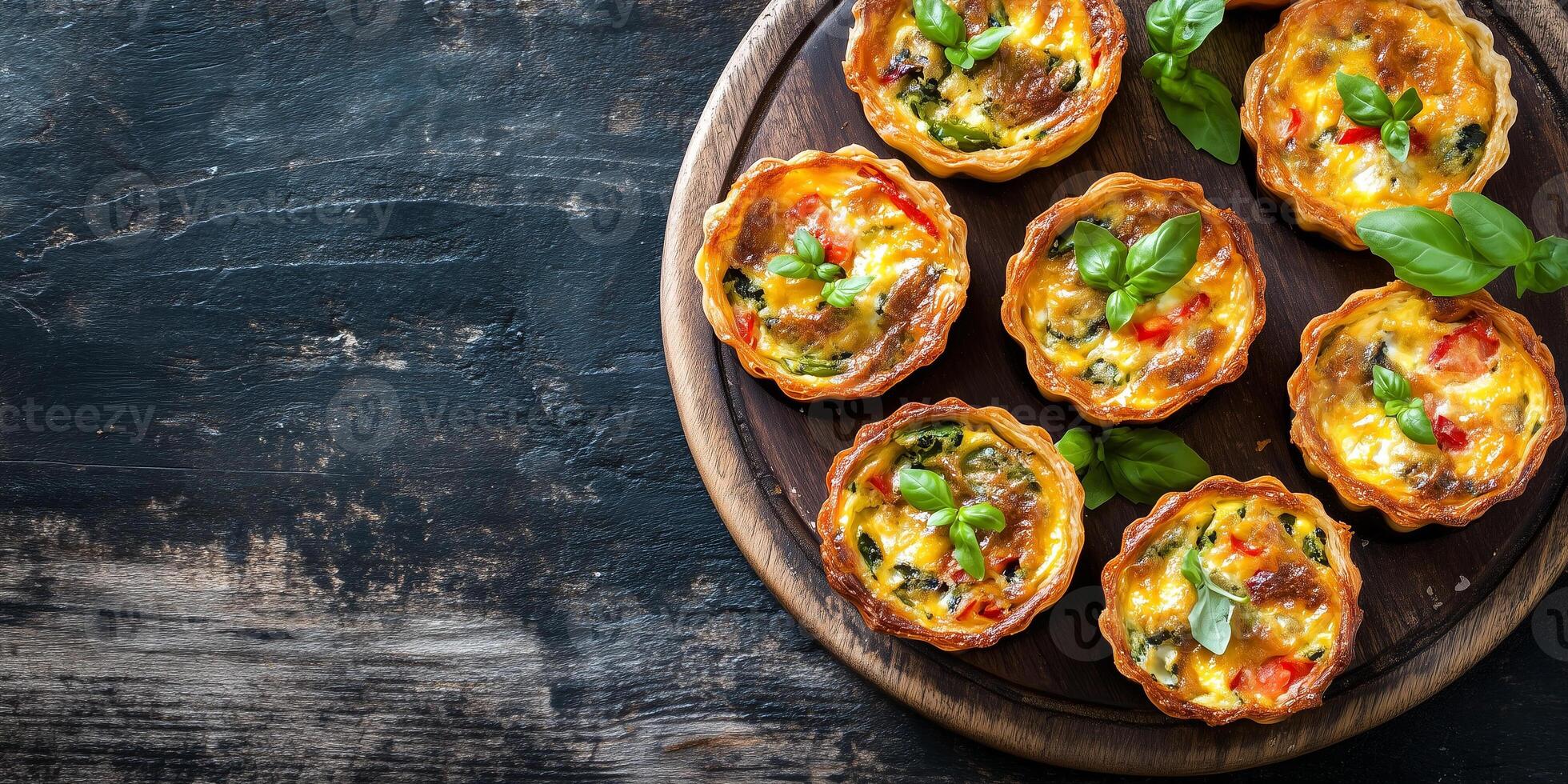 Mini quiches displayed in a circular design on a round serving dish, food setting photo
