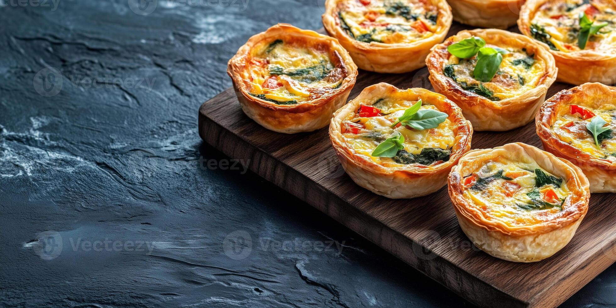 Mini quiches symmetrically arranged on a rectangular board, food setting photo