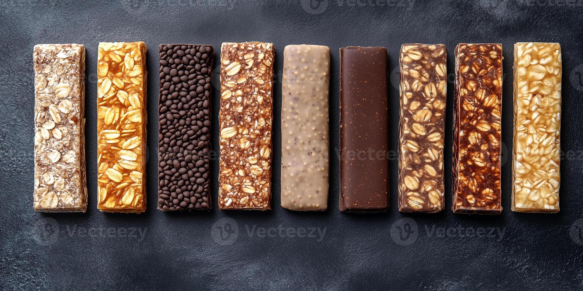 Protein bars in a row, showing consistency in size and shape, meal photography photo