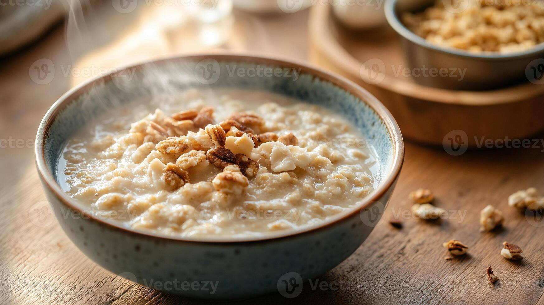 Steaming hot cereal in a bowl with a small container of toppings nearby, meal photography photo