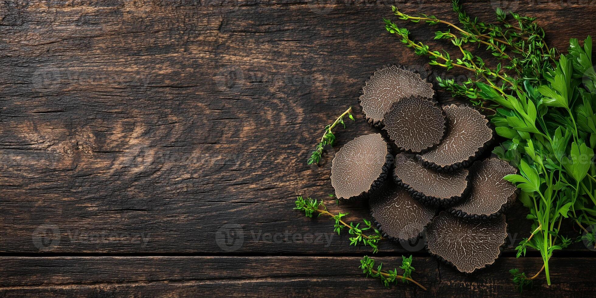 Thinly sliced black truffles arranged on a wooden surface with fresh herbs, food setting photo