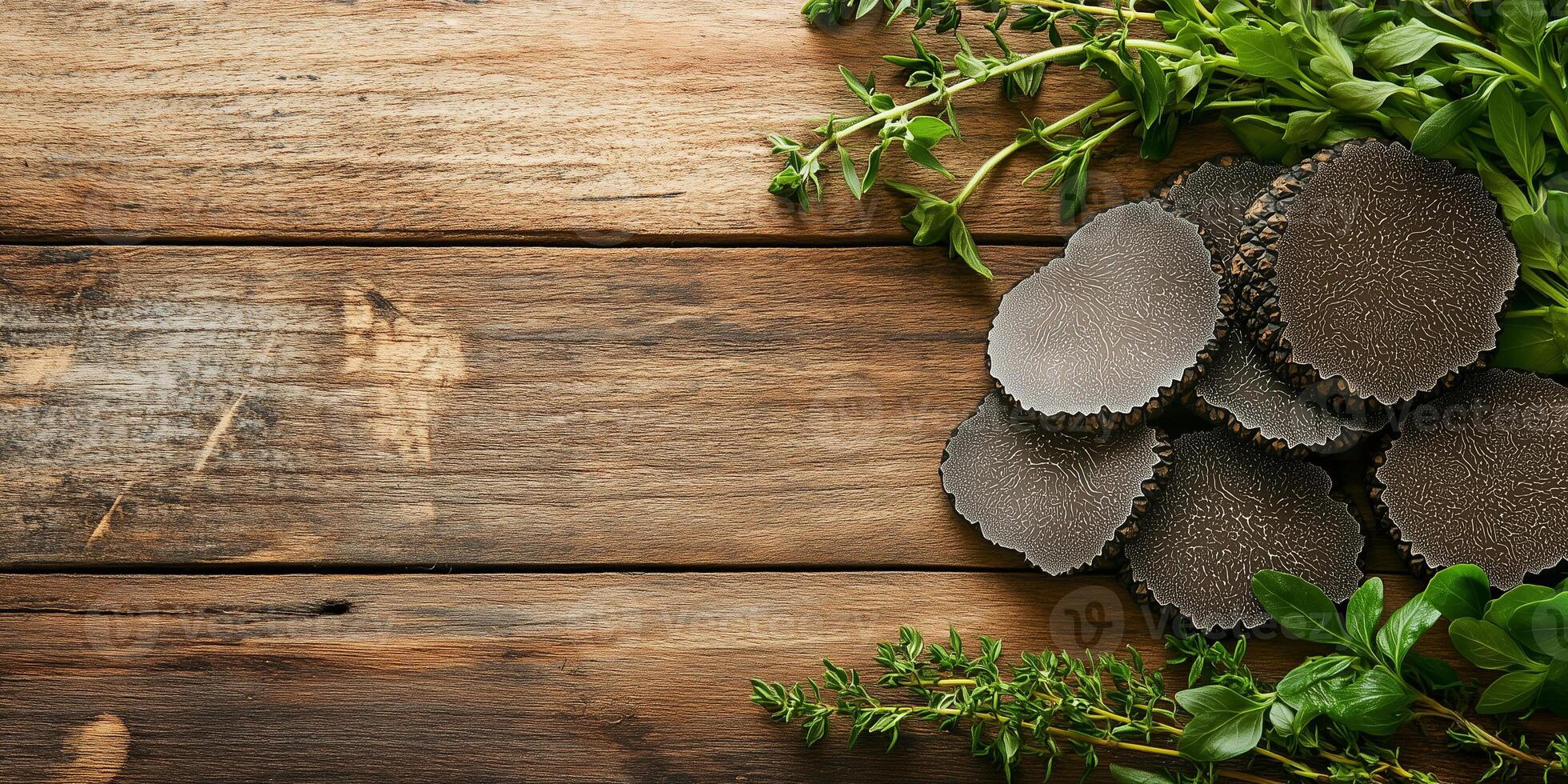 Thinly sliced black truffles arranged on a wooden surface with fresh herbs, meal photography photo