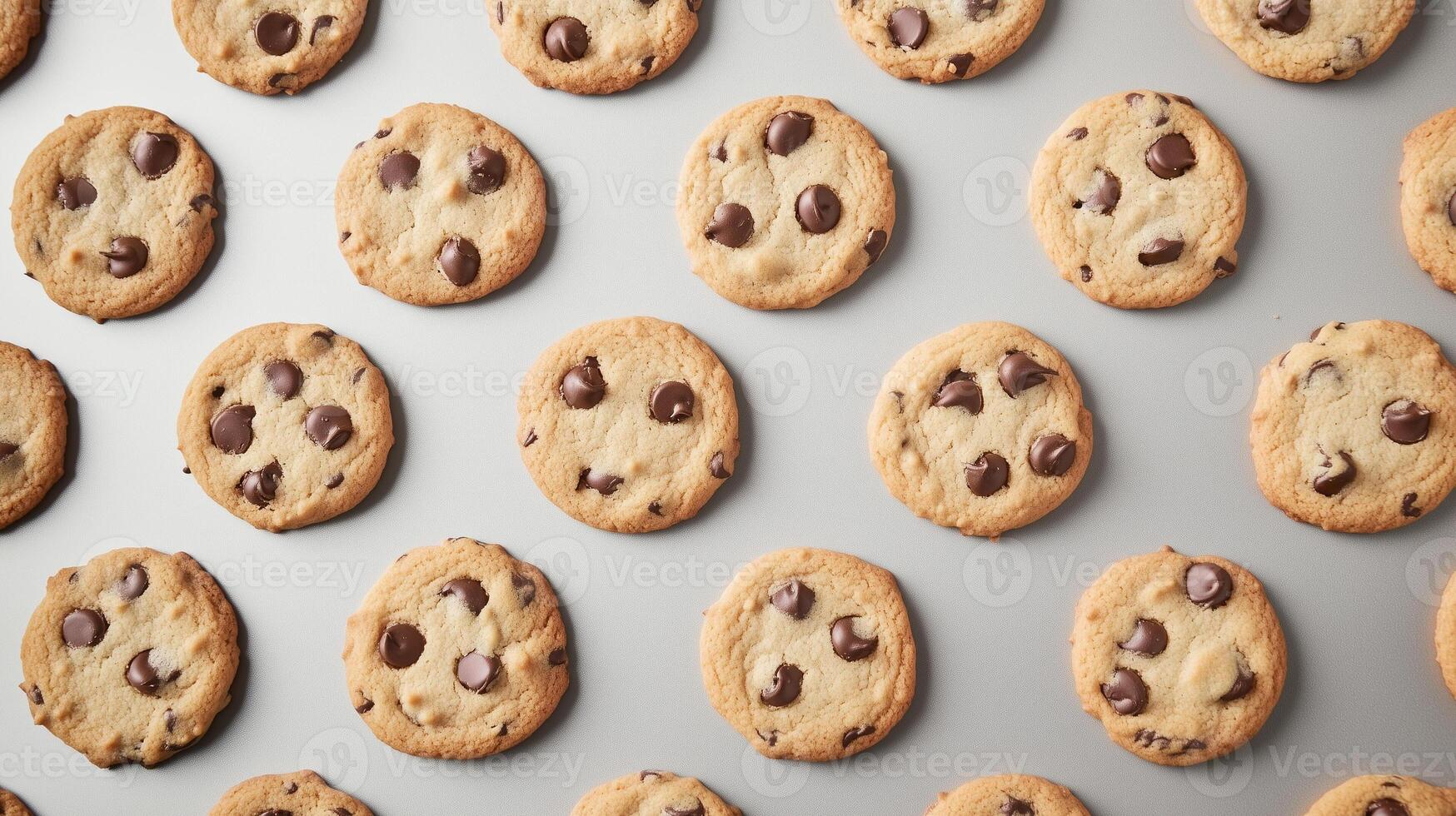 Baking sheet filled with perfectly spaced, identical cookies fresh from the oven, culinary photography photo