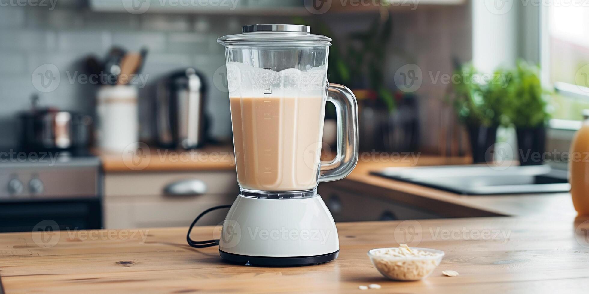 Blender bottle with keto-friendly protein shake mix on a kitchen counter, food photography photo