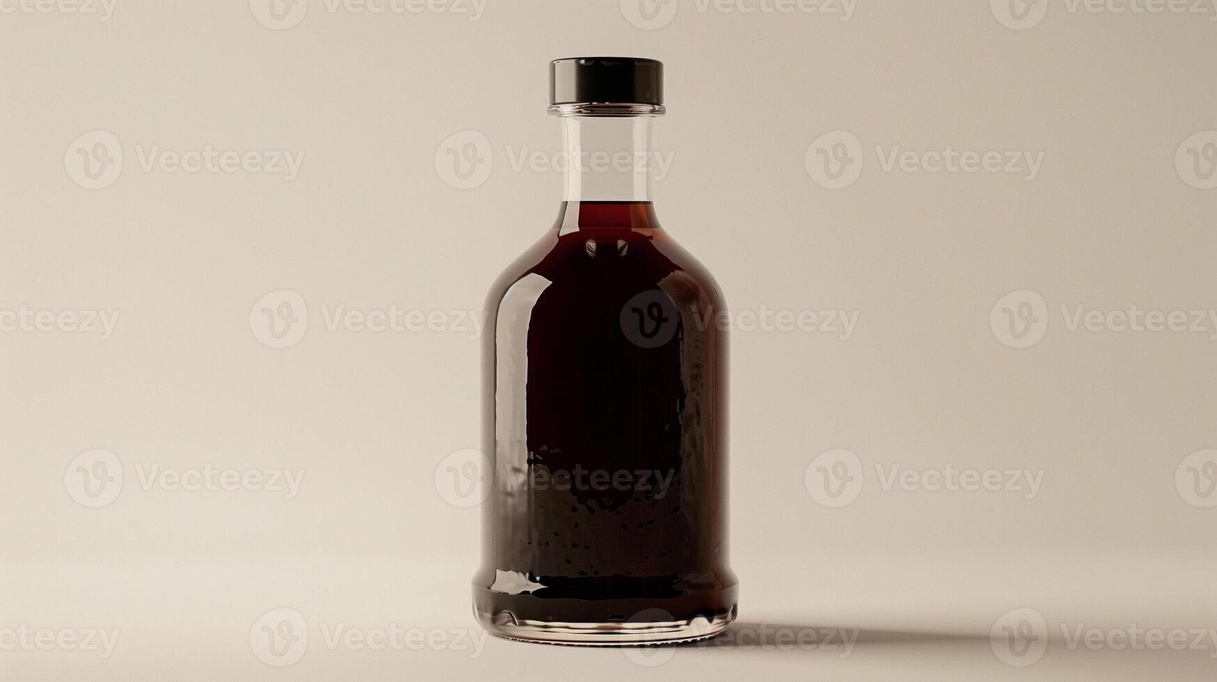 Bottle of dark brown liquid is displayed upright, containing a chocolate syrup, culinary photography photo