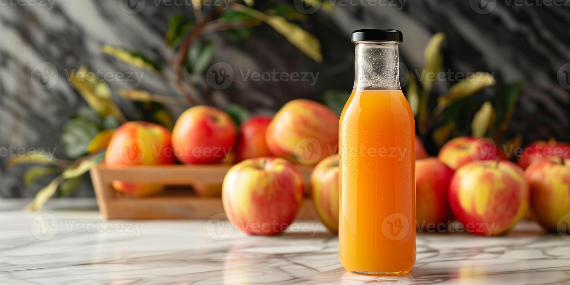 Bottle of cold-pressed apple juice standing on a marble countertop, with whole apples in the background, food photography photo