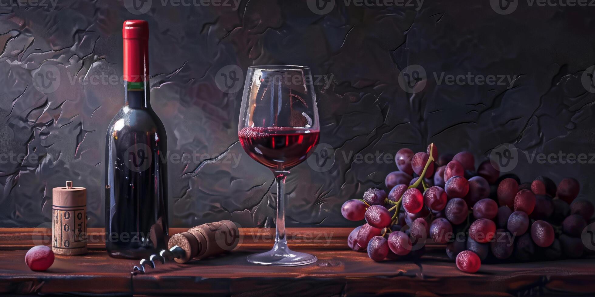 Bottle of red wine and a filled glass, with grapes and a corkscrew nearby, culinary photography photo