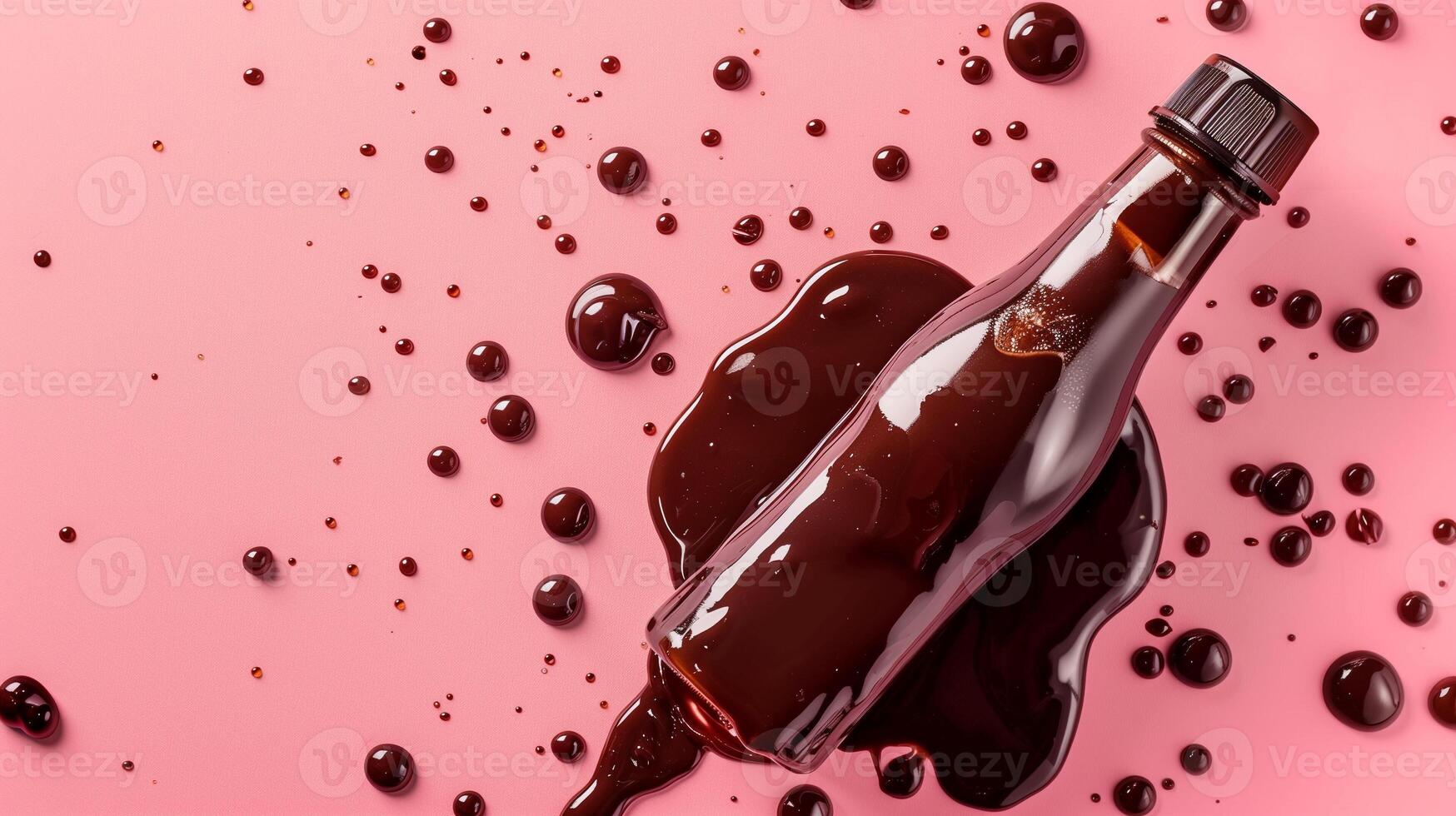 Bottle with squeeze top dispensing chocolate syrup onto a plain surface, culinary photography photo