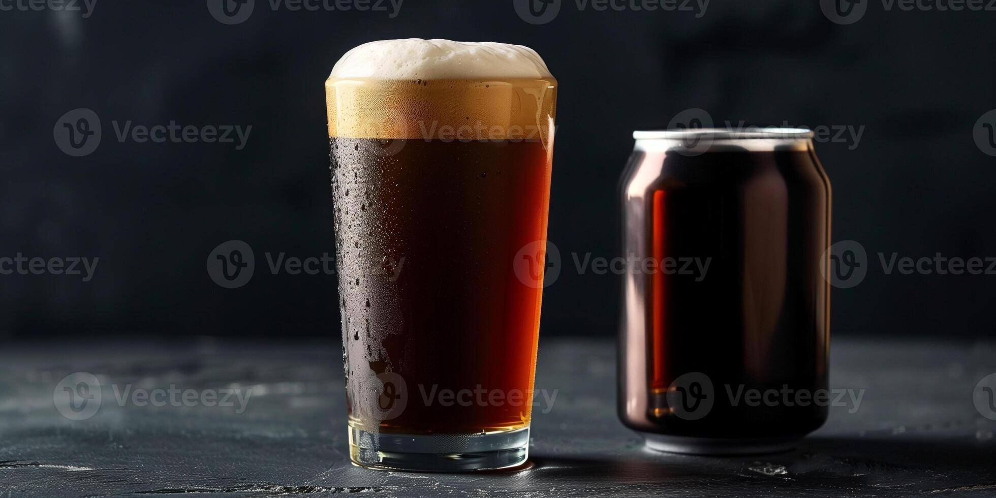 Can of nitro coffee beside a glass filled with the beverage on a dark surface, food photography photo