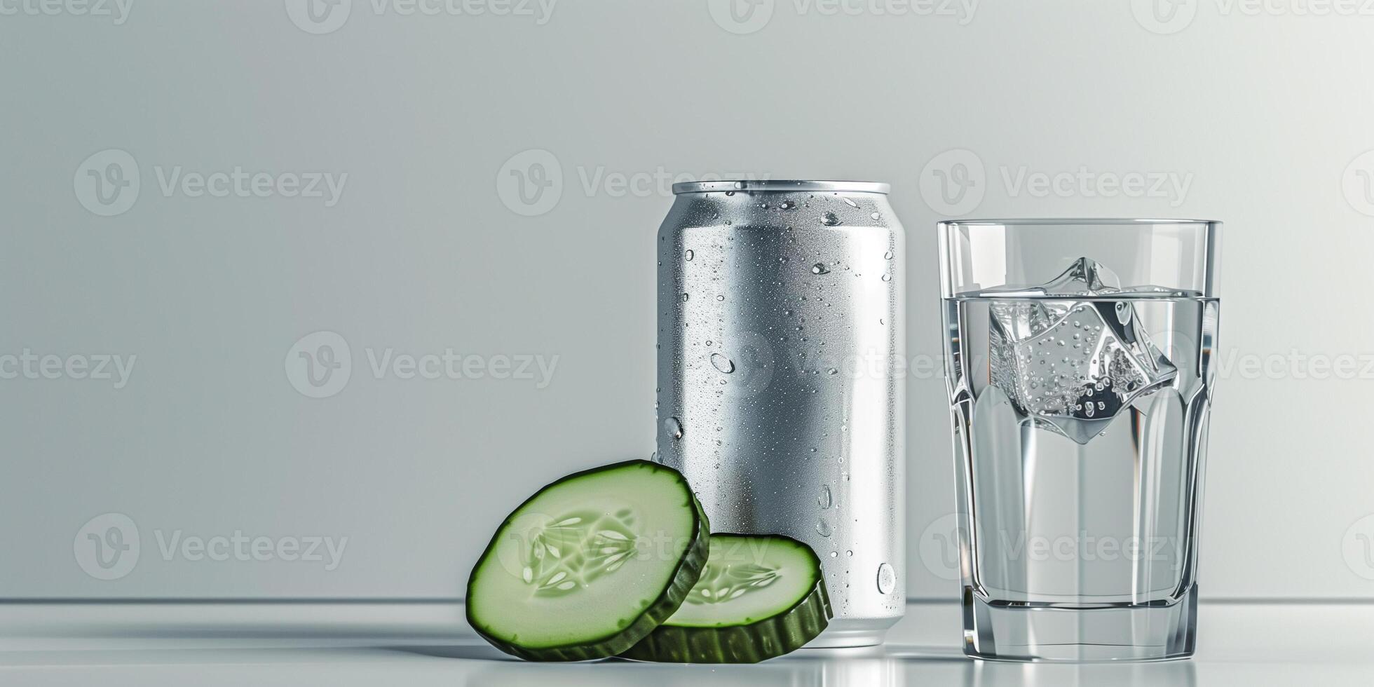 Can with a metallic finish next to a glass of clear liquid with a cucumber slice, culinary photography photo