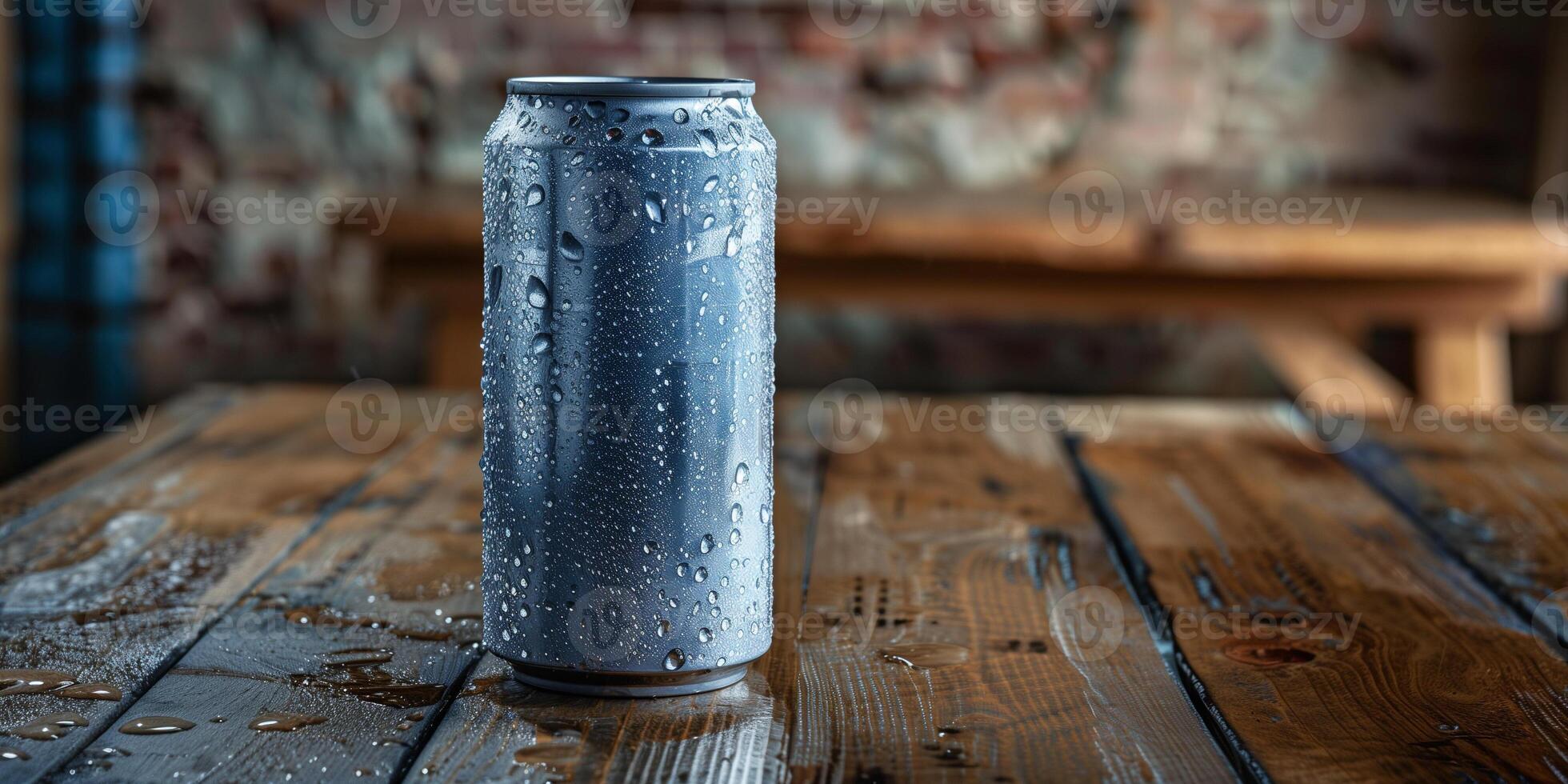 Can of sparkling water, unopened, with water droplets on its surface, on a wooden table, culinary photography photo