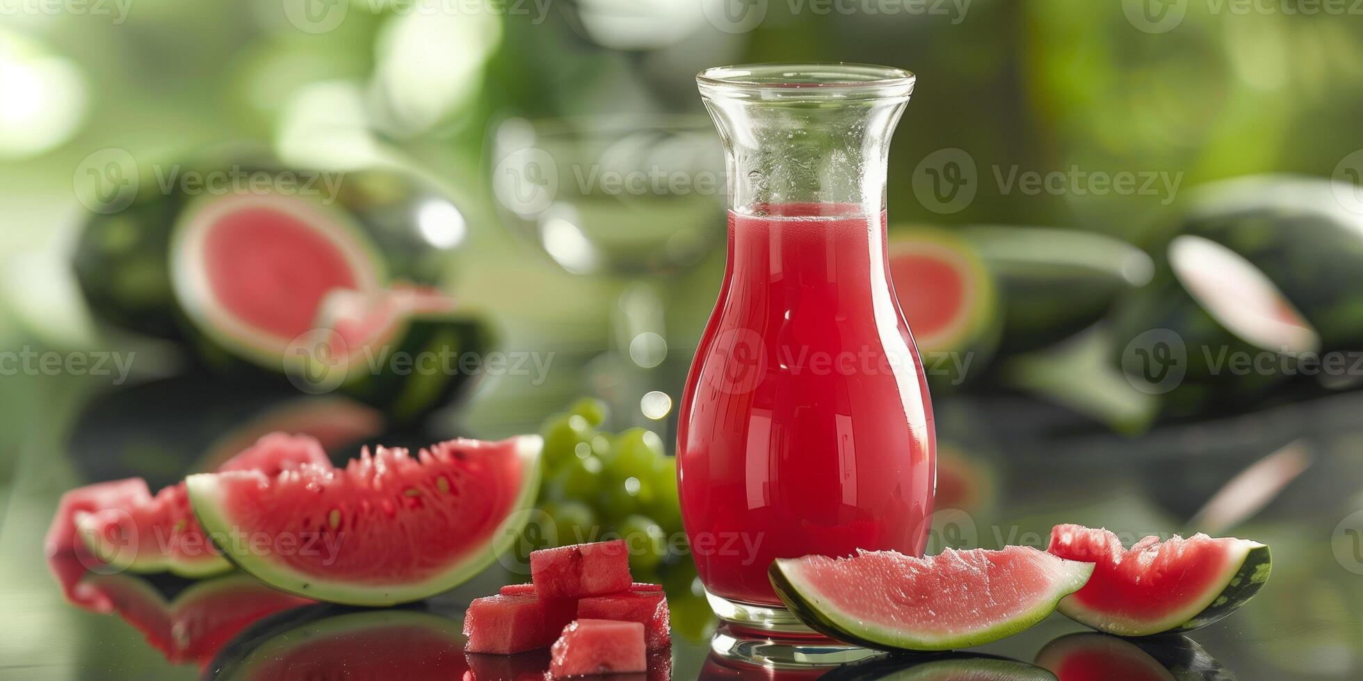 Carafe of cold-pressed watermelon juice on a glass table, with watermelon chunks and rinds nearby, food photography photo