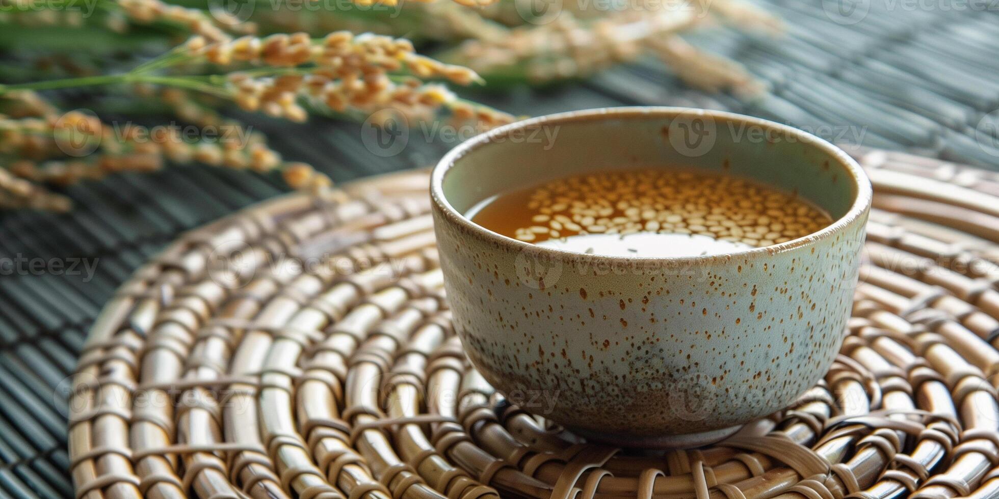 Ceramic cup of genmaicha tea with visible toasted rice grains, on a woven mat, culinary photography photo