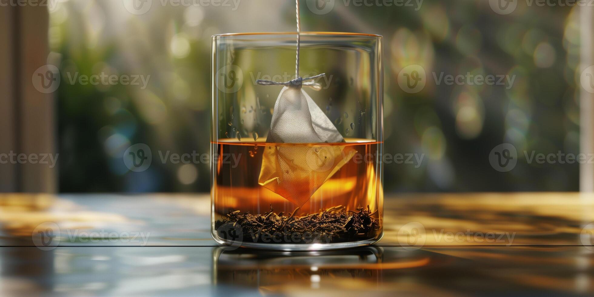 Chai tea teabag submerged in a glass cup of water with the string hanging over the side, culinary photography photo