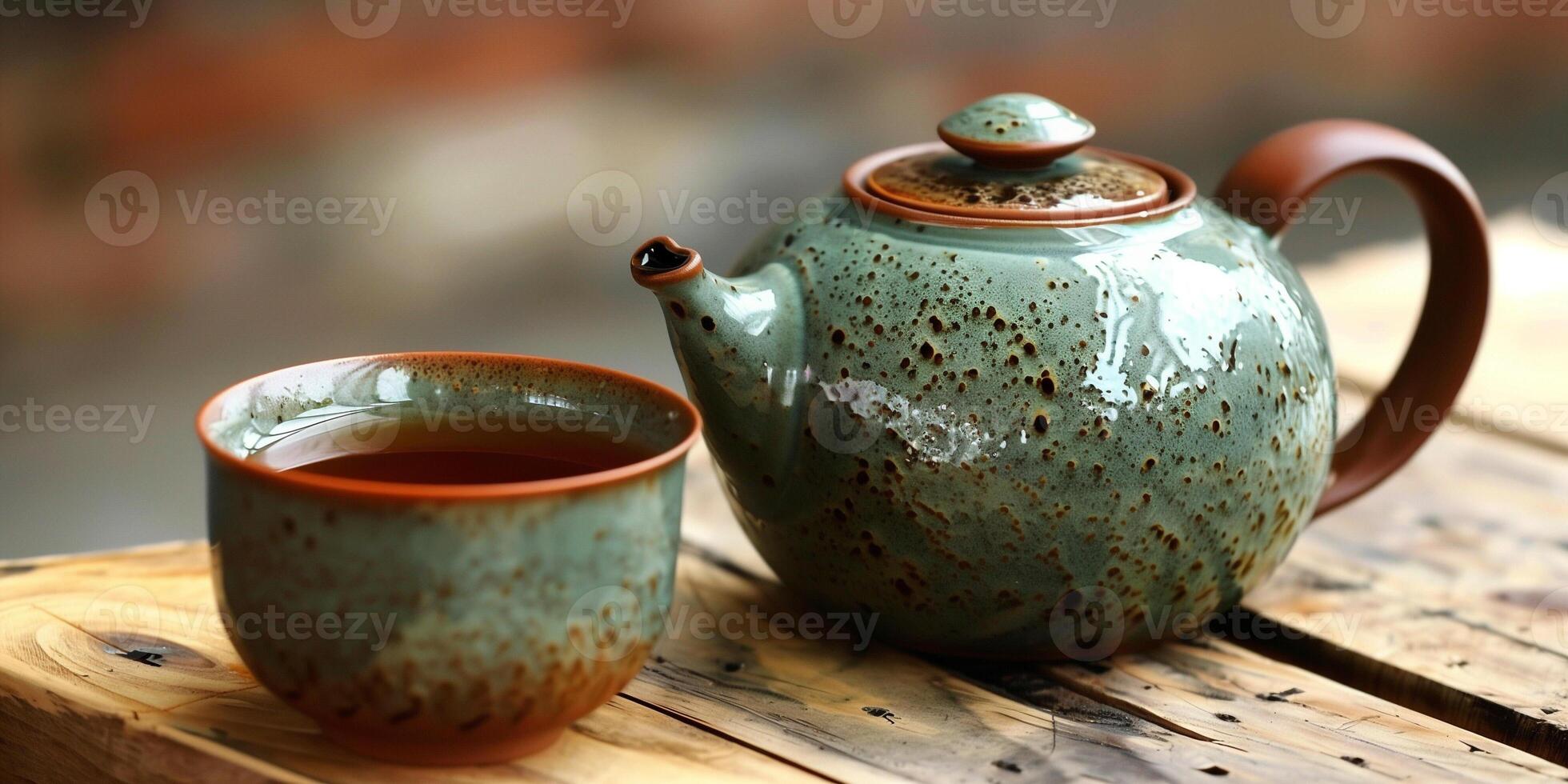 Ceramic teapot with matching cup, filled with brewed tea on a wooden surface, food photography photo