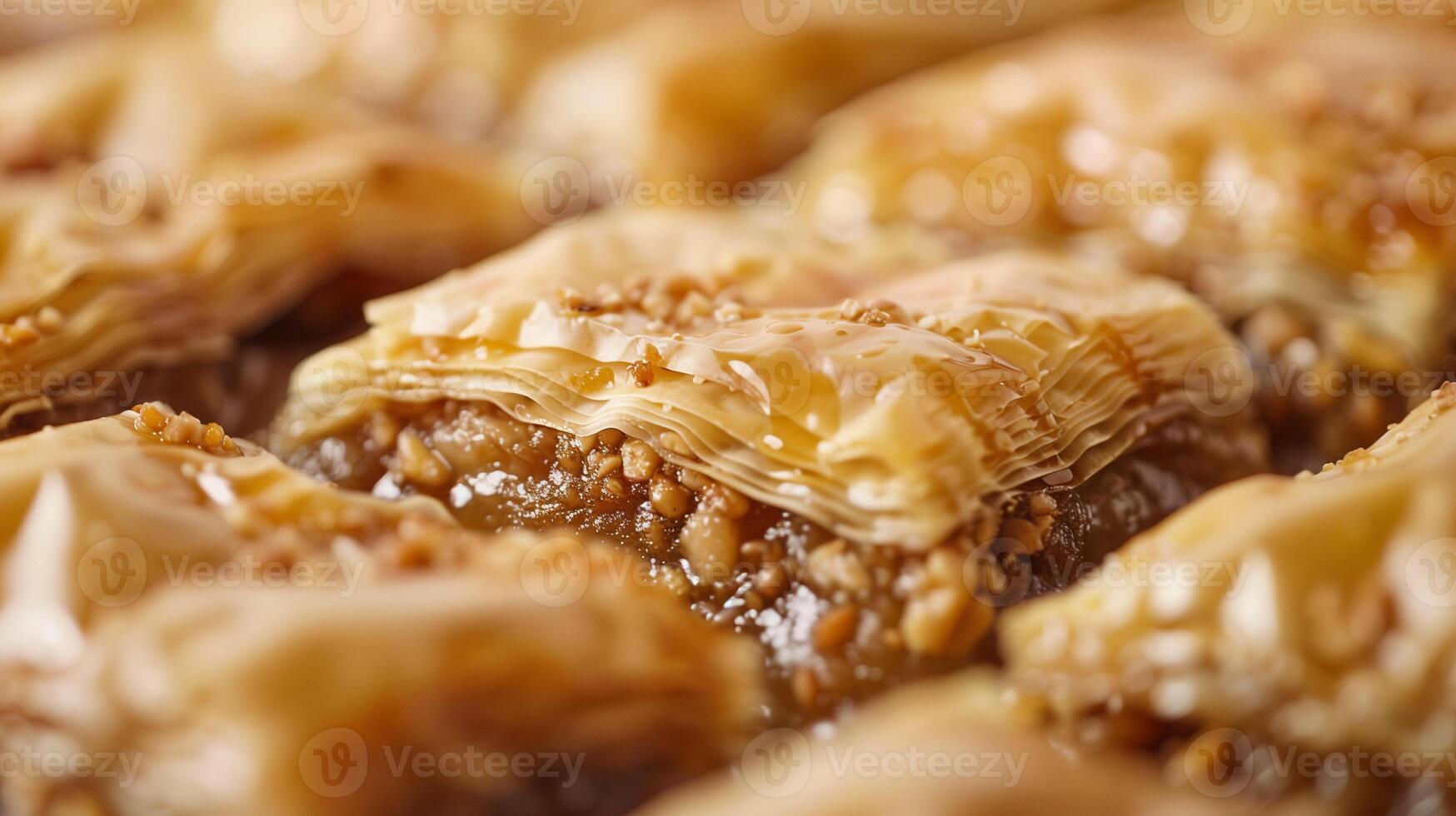 Close-up of baklava, highlighting distinct pastry layers and finely ground nut filling, culinary photography photo