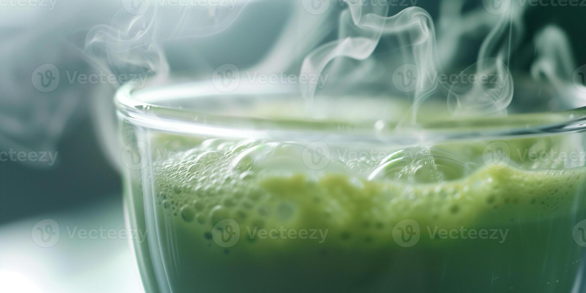 Close-up of matcha in a glass cup, steam rising from the surface, culinary photography photo